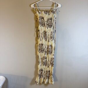 Kijun Libre Dress Cream Graphic Print Smocked‎ Ruffle Midi Women Size M